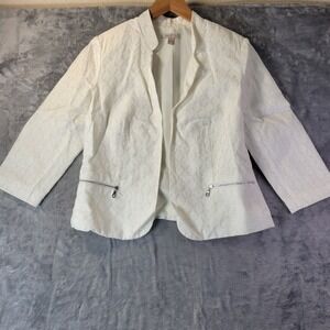 Roz and‎ Ali Womens S White Textured Blazer Open Front Zip Pocket Career Winter